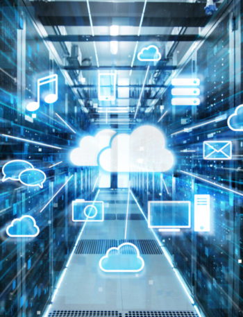 Shot of Corridor in Working Data Center Full of Rack Servers and Supercomputers with Cloud Storage Advantages Icon Visualization. copywright iStockphoto.com
